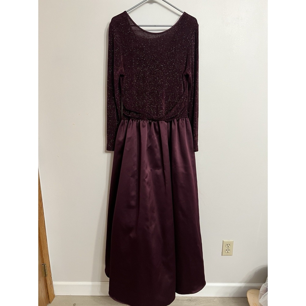 VTG Scott McClintock Plum sparkly Sheer Satin Long Sleeve Gown Round Neck Sz 16